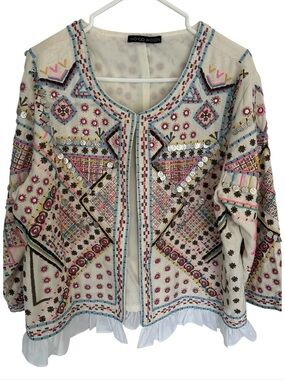 Indigo Moon Boho Embellished
Embroidered Beaded Ruffle Hem Jacket. Size L